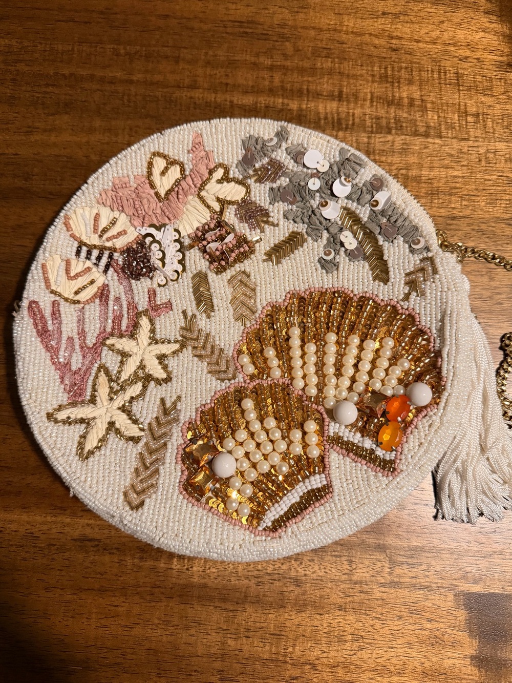 Anthropologie Beaded Seashell Crossbody Bag in White, Gold, Pink